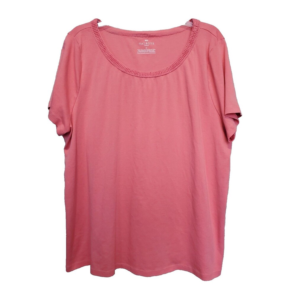 Talbots Woman Coral Pink Crochet Neckline Short Sleeve Pima Cotton Top Size 3X